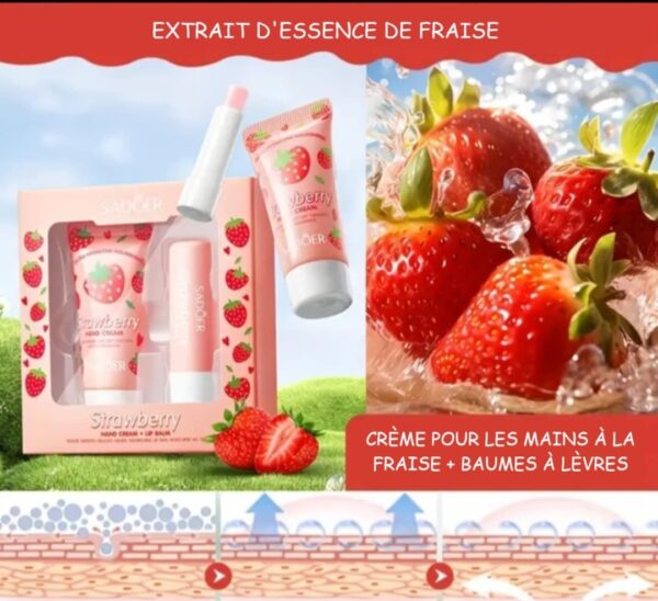 Baume à lèvres + Ensemble de crème pour les mains, parfum fraise